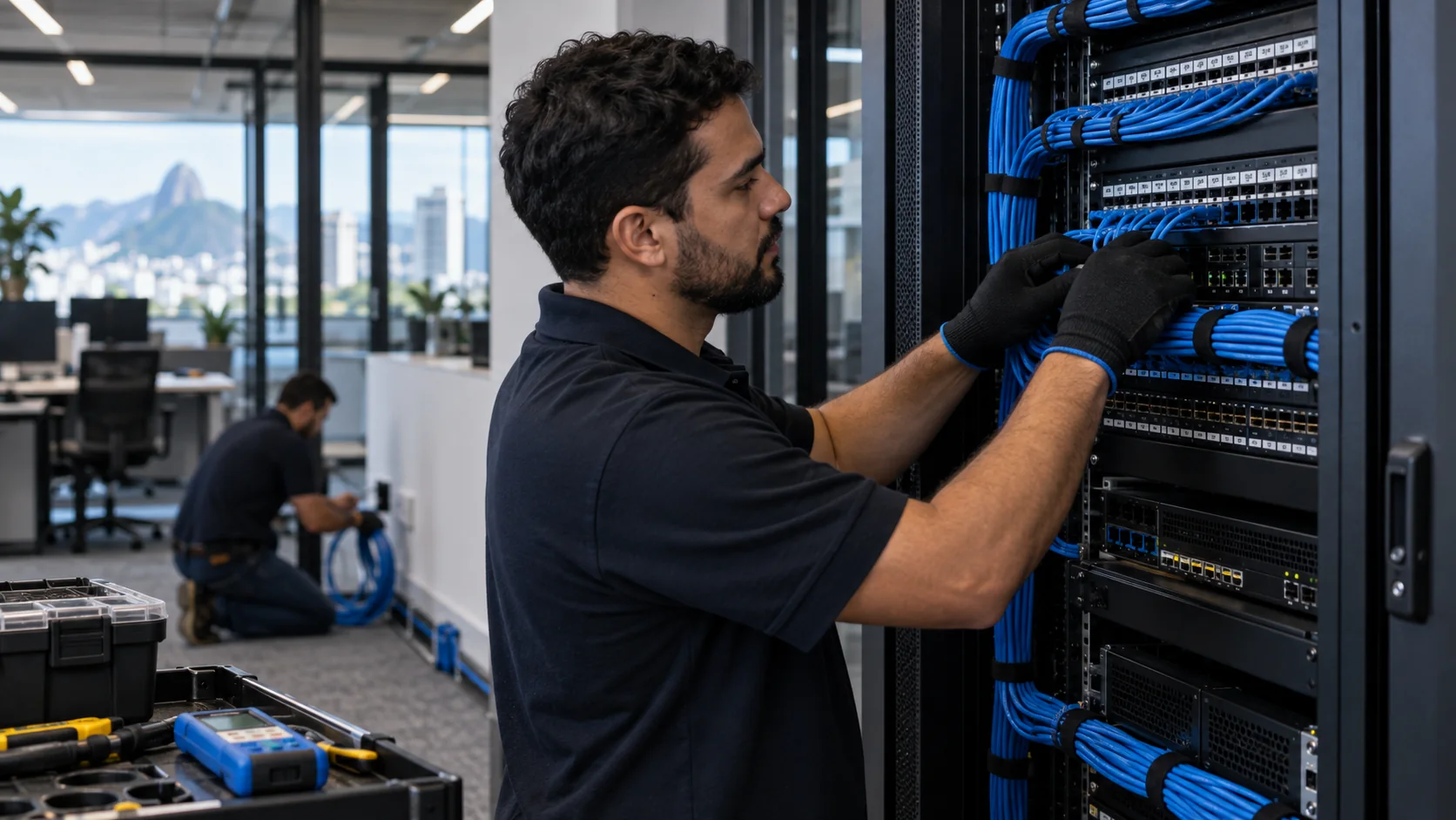 Equipe técnica da APJ Telecom executando cabeamento